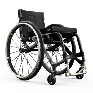 Panthera X3 wheelchair with black carbon fiber frame, angled view.