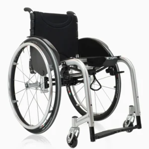 Progeo Ego Custom wheelchair with silver frame, angled view.