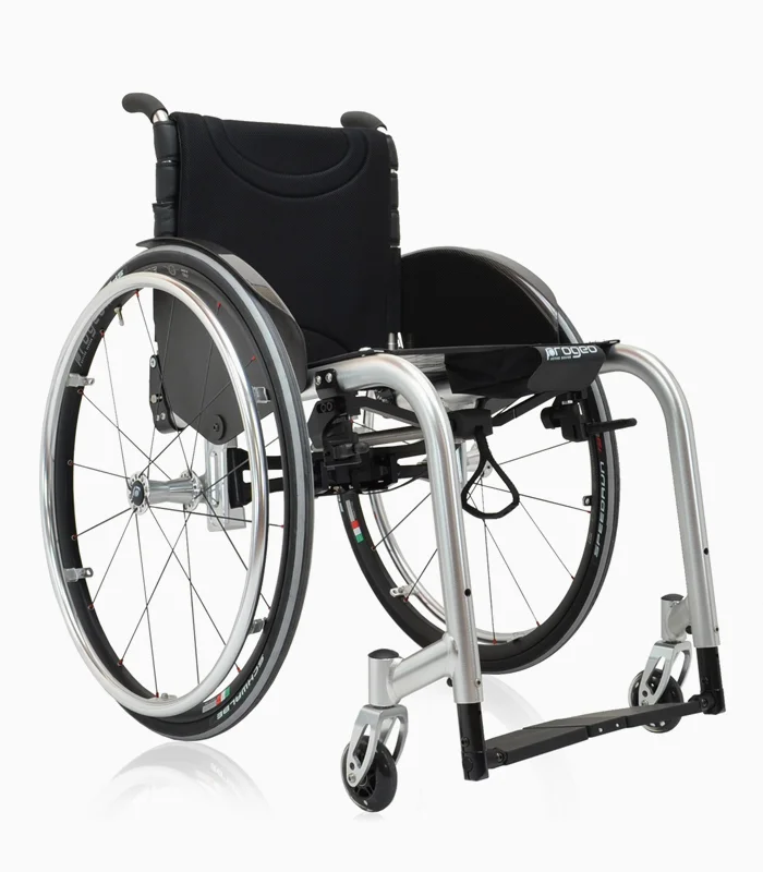 Progeo Ego Custom wheelchair with silver frame, angled view.