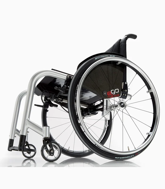 Progeo Ego Custom wheelchair with silver frame, side view.