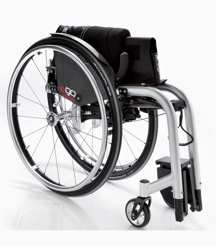 Progeo Ego Custom wheelchair with silver frame, rear angle view.