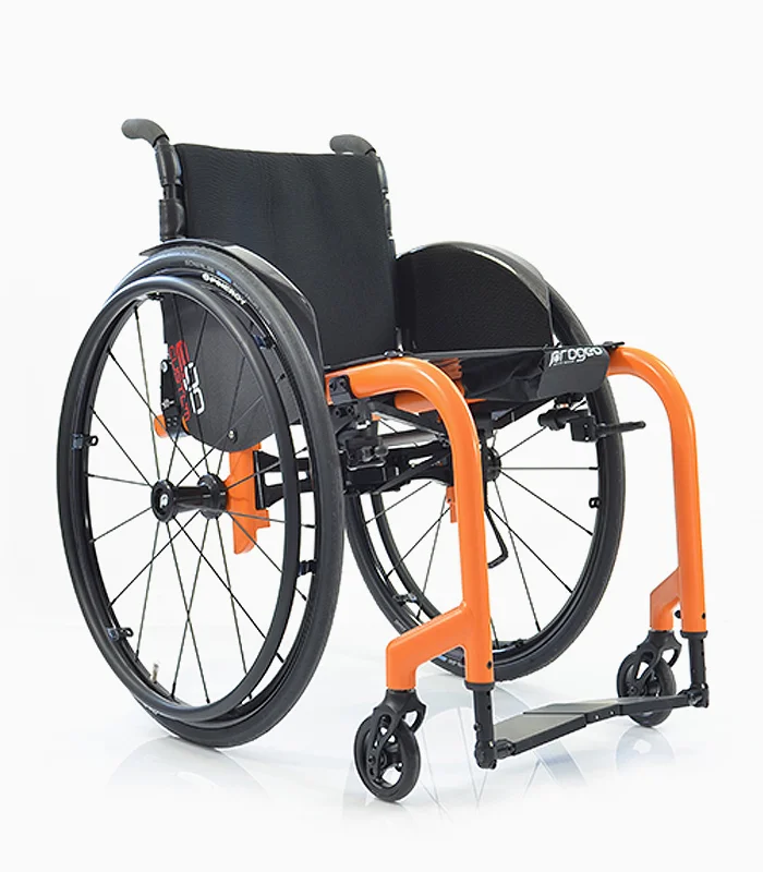 Progeo Ego Custom wheelchair with orange frame, angled view.