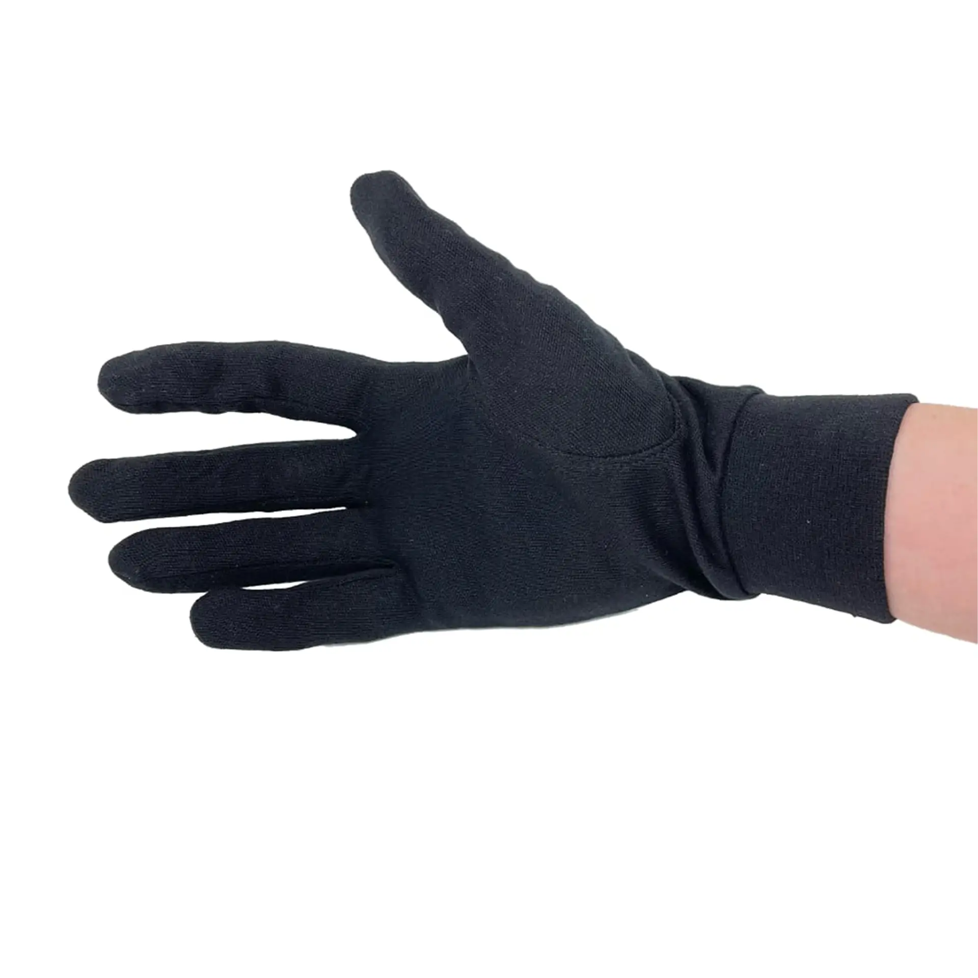 Person's hand wearing a black silk glove liner, fingers spread with palm facing forward.