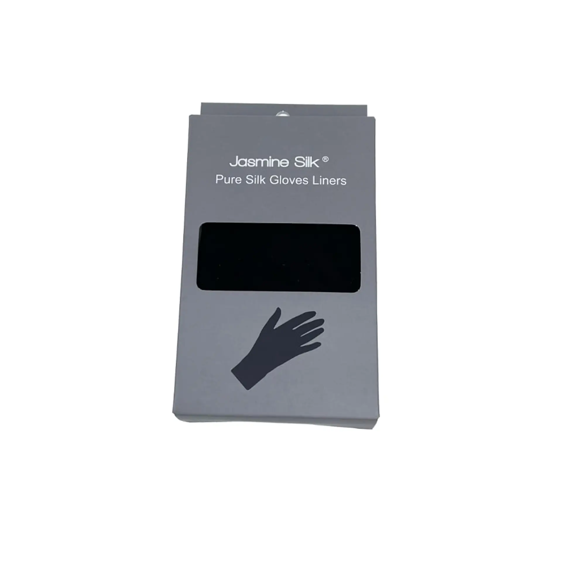 Jasmine Silk pure silk glove liners packaging with a window showing the black gloves inside.