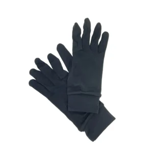 Pair of black silk glove liners laid flat and overlapping, unworn.