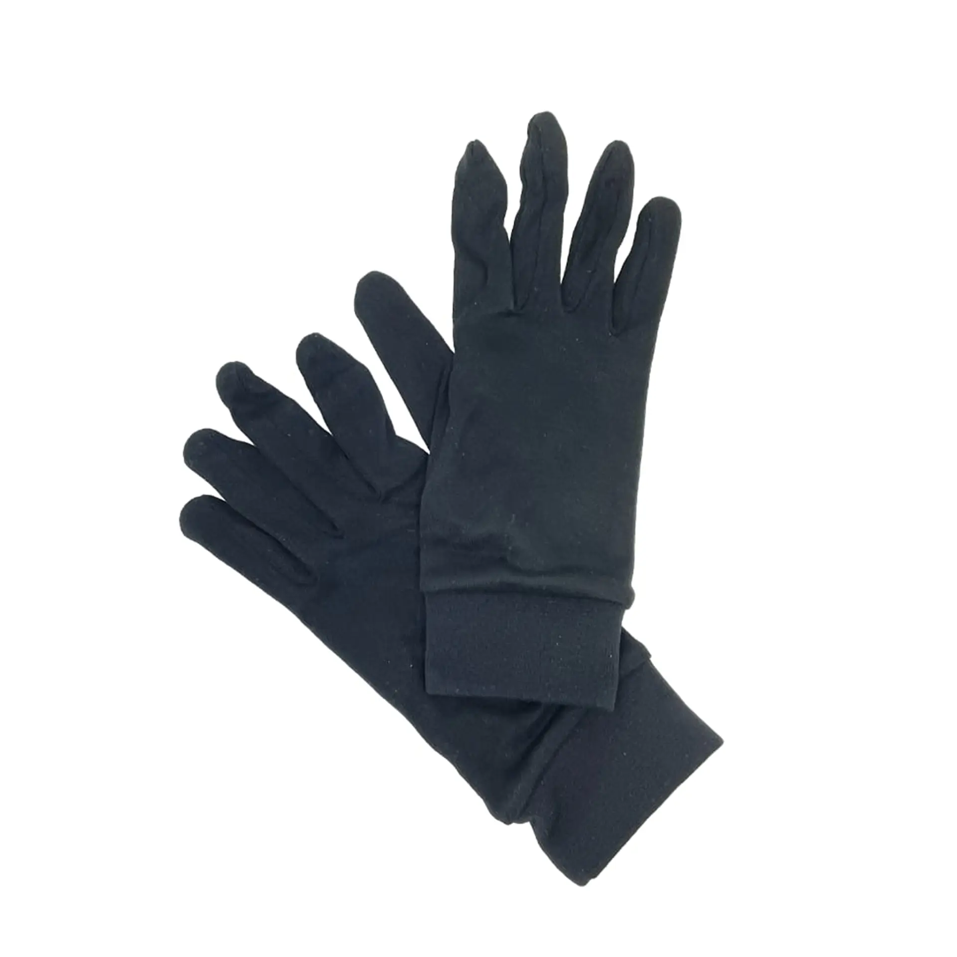 Pair of black silk glove liners laid flat and overlapping, unworn.