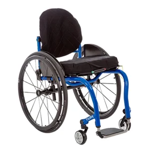 TiLite Aero Z wheelchair with blue frame, front angle view.