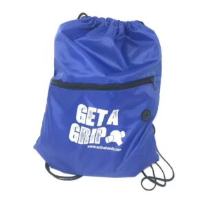 Blue drawstring gym bag with front zip pocket, printed "Get A Grip" logo and Active Hands website.