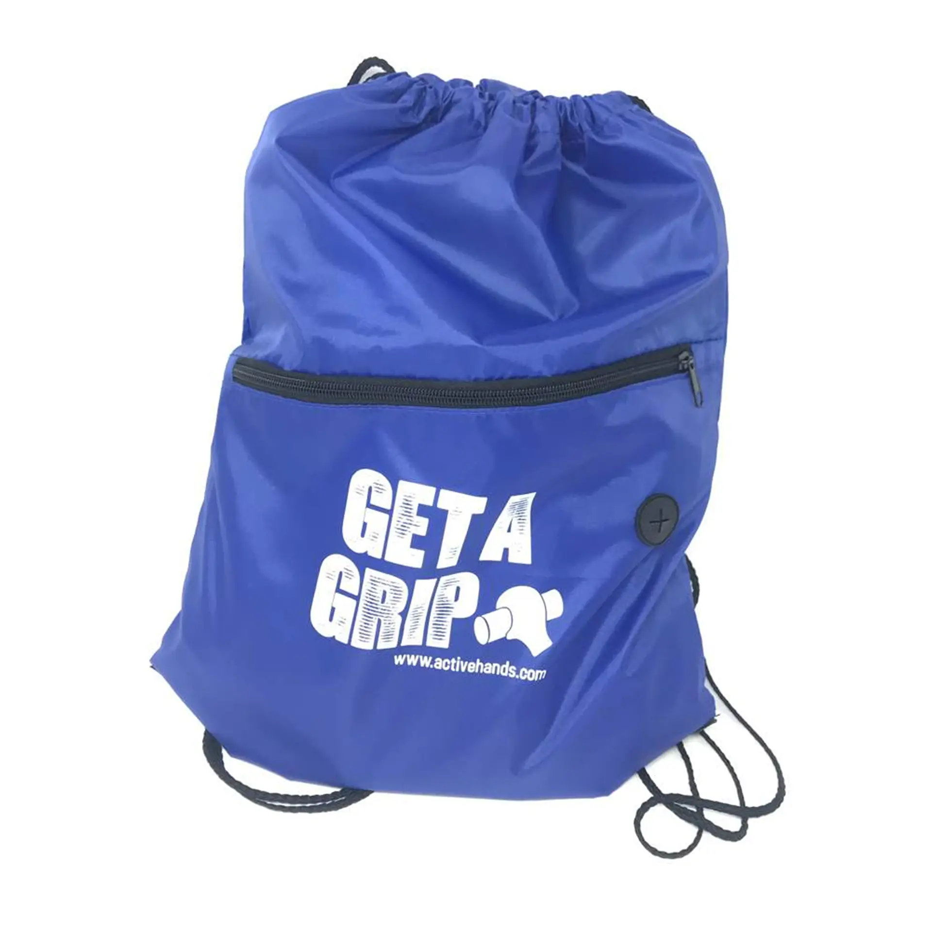 Blue drawstring gym bag with front zip pocket, printed "Get A Grip" logo and Active Hands website.