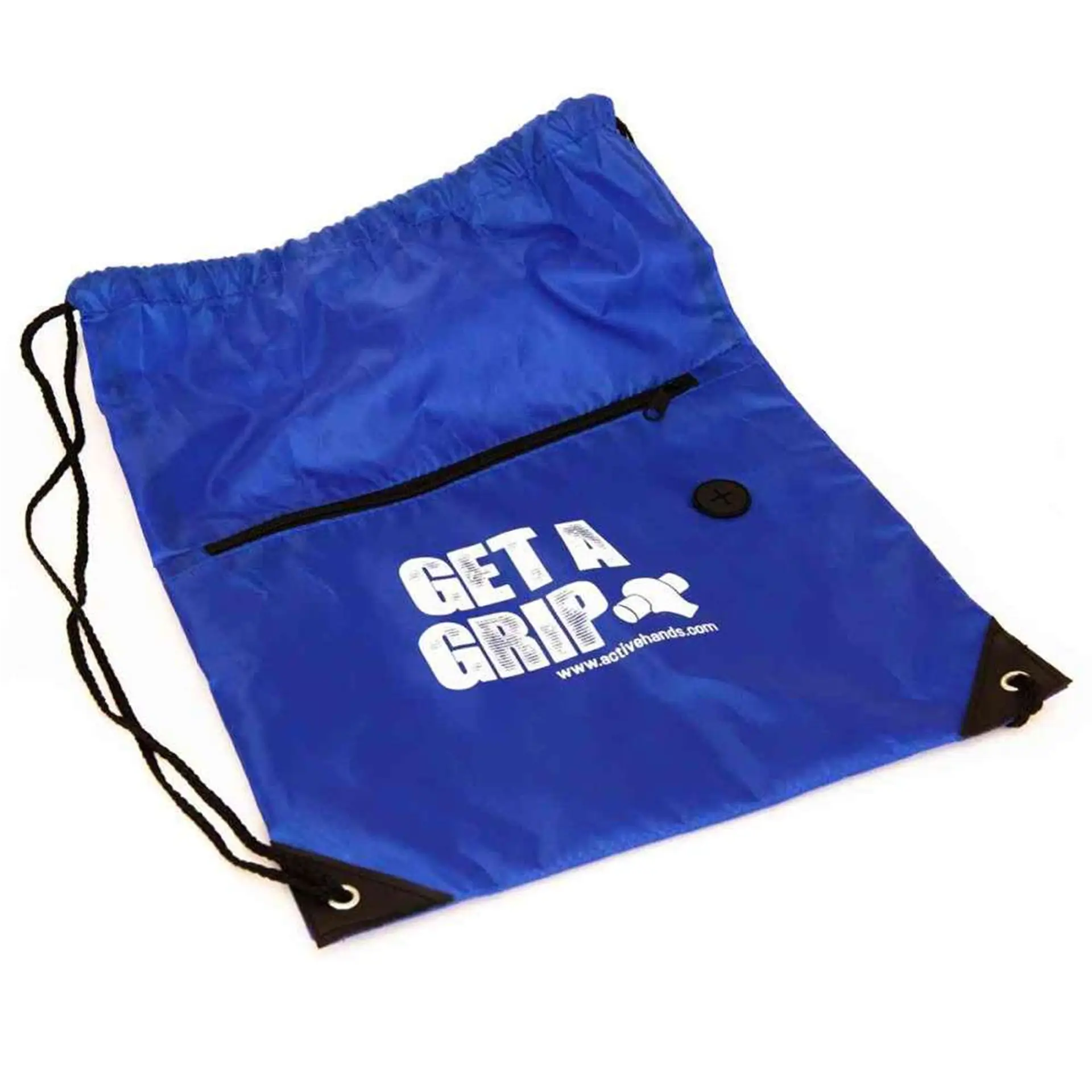 Blue drawstring bag laid flat, showing zip pocket, "Get A Grip" branding, and reinforced corner grommets.