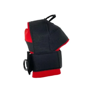 Red and black padded wrist aid with Velcro straps and a metal ring loop, shown standalone.