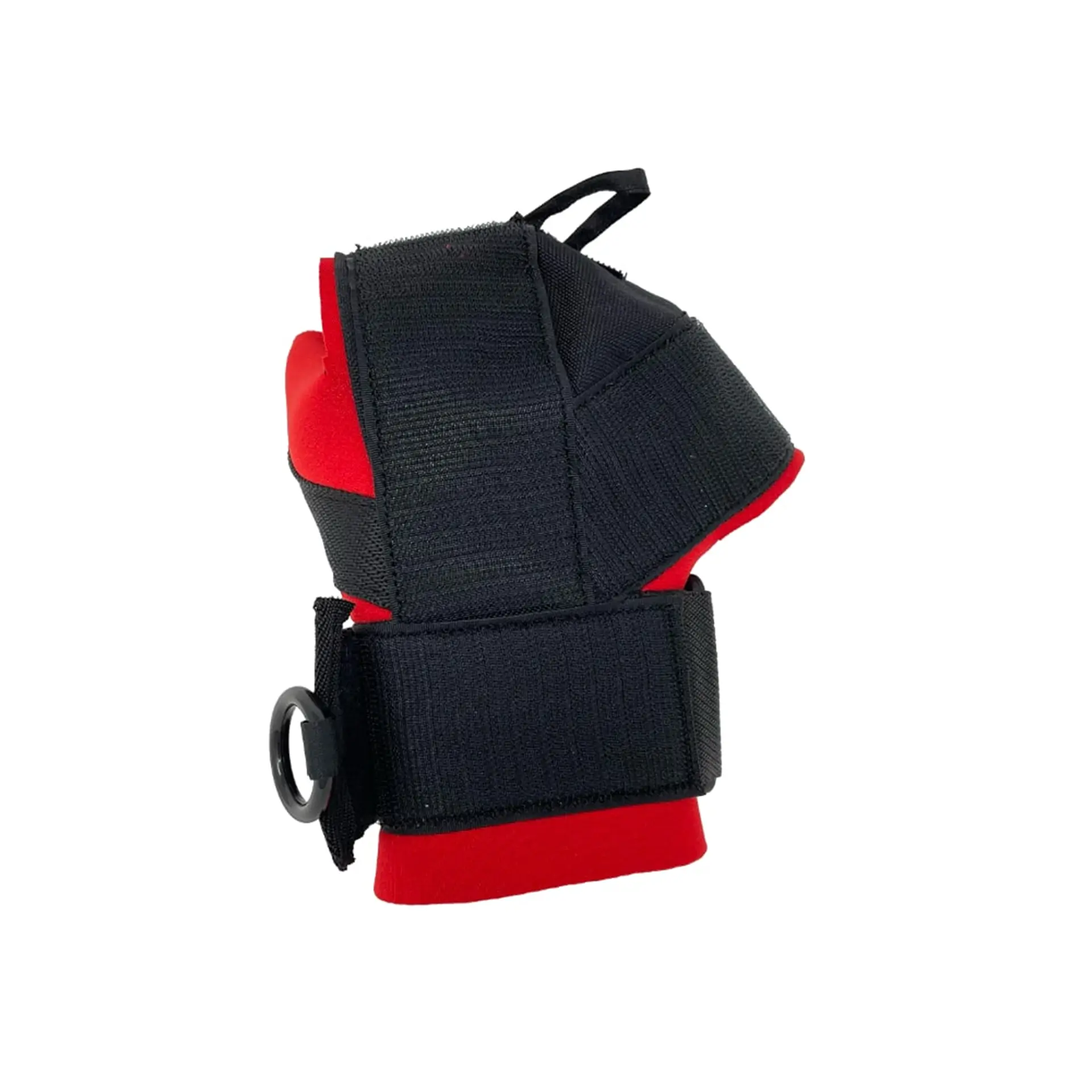 Red and black padded wrist aid with Velcro straps and a metal ring loop, shown standalone.