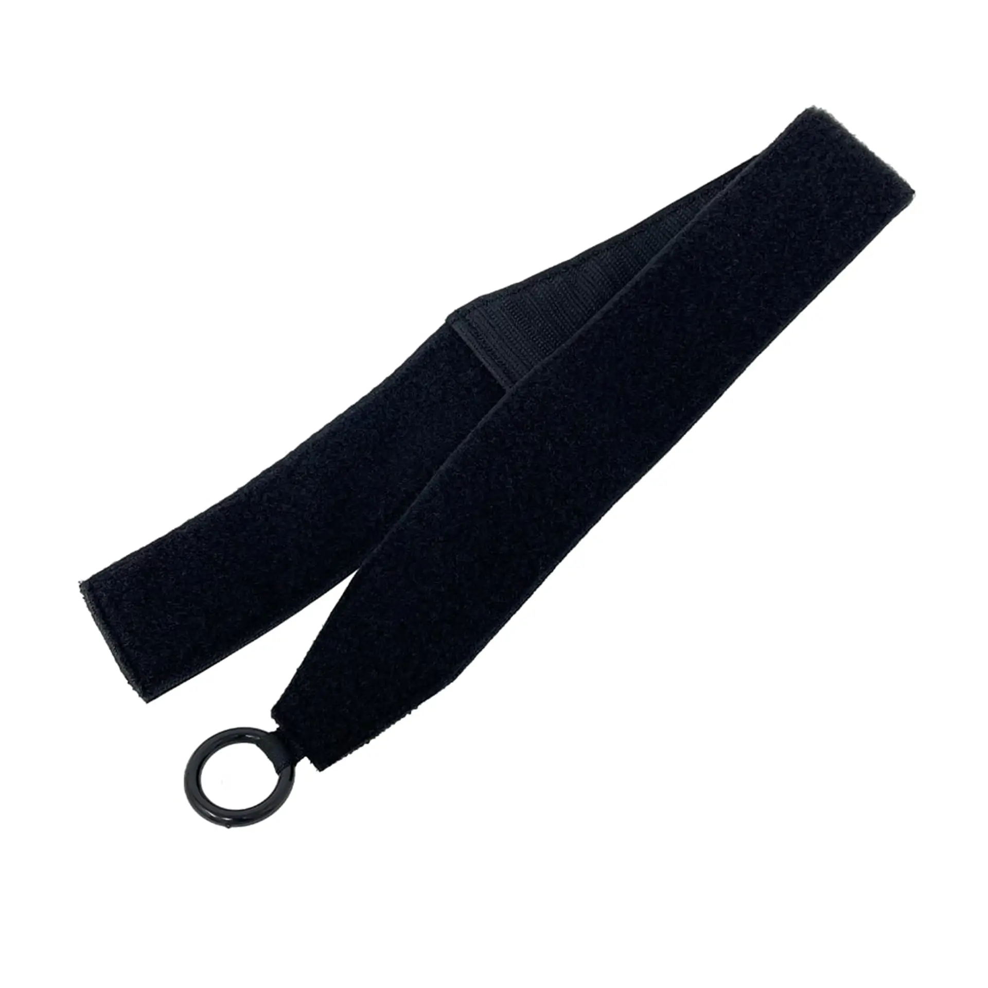 Black Velcro strap folded over with a small black ring attached at one end.