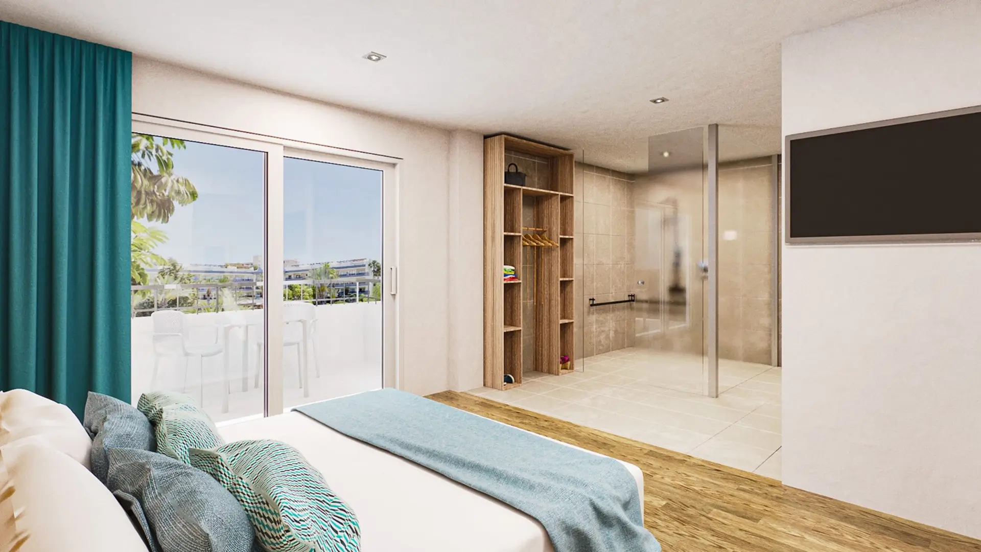 Hotel room with balcony and walk-in shower.