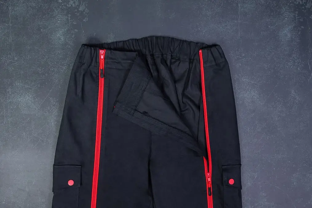 Close-Up of the Waistband and Upper Section of Black Cotton Adapted Cargo Trousers