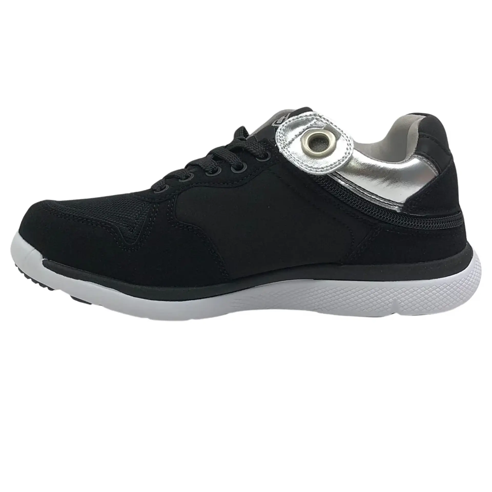 Left View Of Womens Excursion Mid-Top Wide-Fit-Trainer In Black Silver