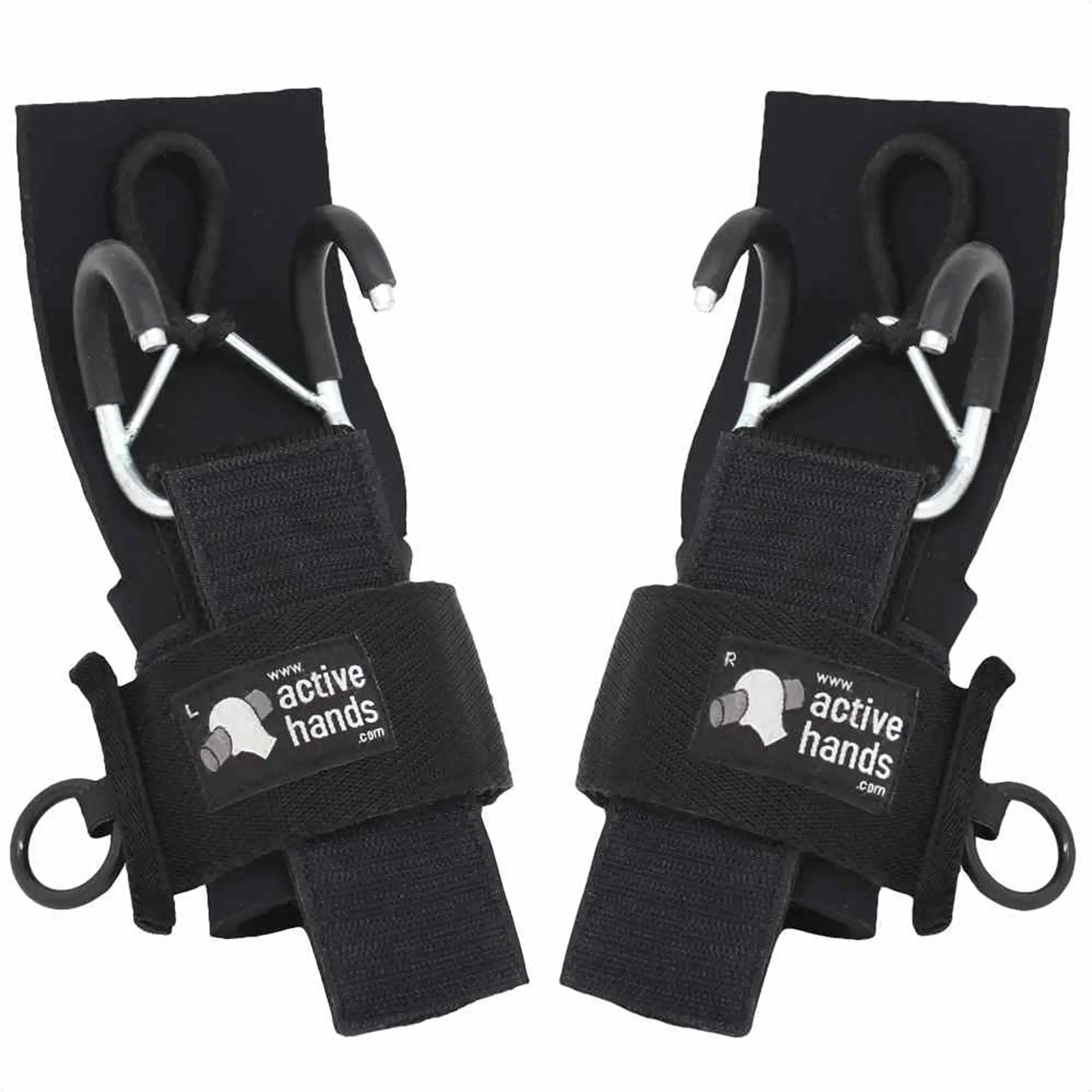 Pair of black Active Hands hook aids with metal carabiner-style hooks and wrist straps, labeled L and R.