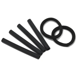 Set of replacement rubber tubing pieces and rings for hook aid straps, laid on a white background.