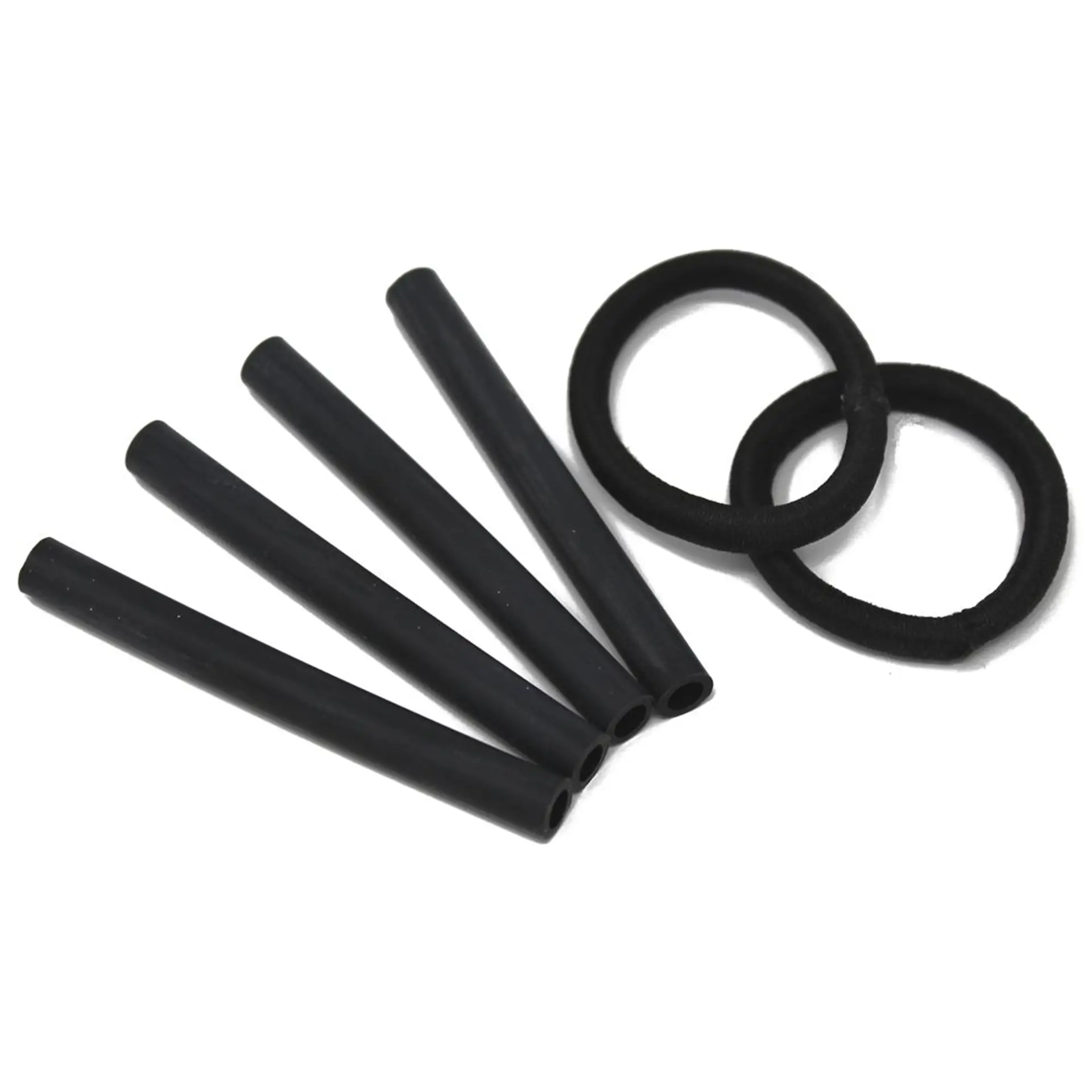 Set of replacement rubber tubing pieces and rings for hook aid straps, laid on a white background.