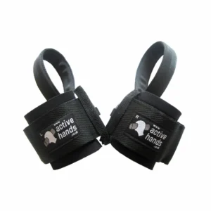 Pair of black Active Hands gripping aids with padded wrist straps and looped handles, labeled L and R.