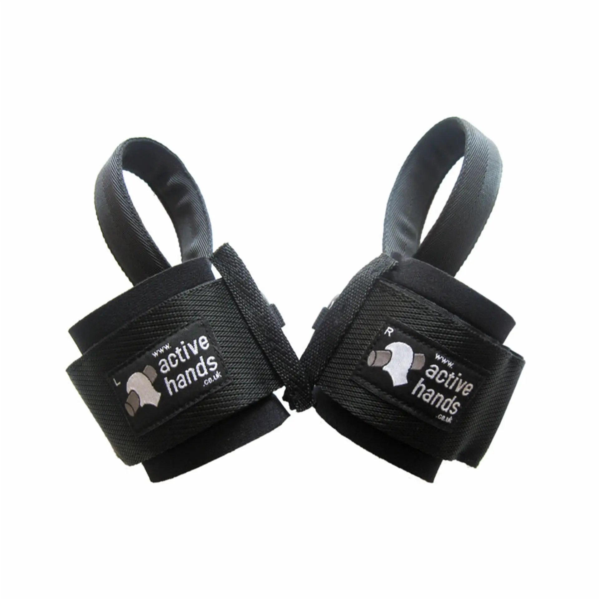 Pair of black Active Hands gripping aids with padded wrist straps and looped handles, labeled L and R.