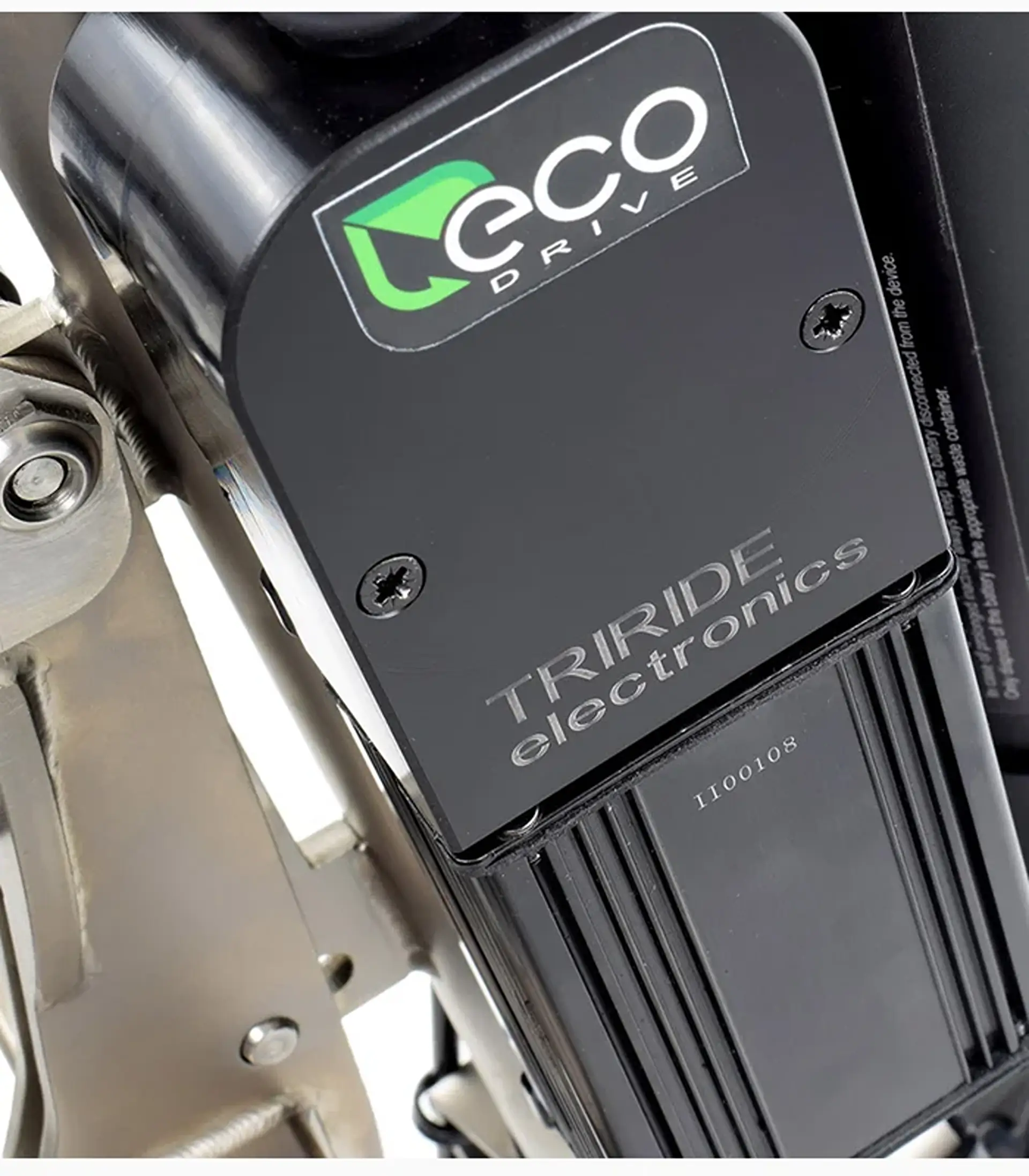 Close-up of the Triride Light's motor housing with eco DRIVE and Triride Electronics branding.