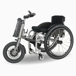 Triride Light handbike attachment connected to a manual wheelchair, side view.
