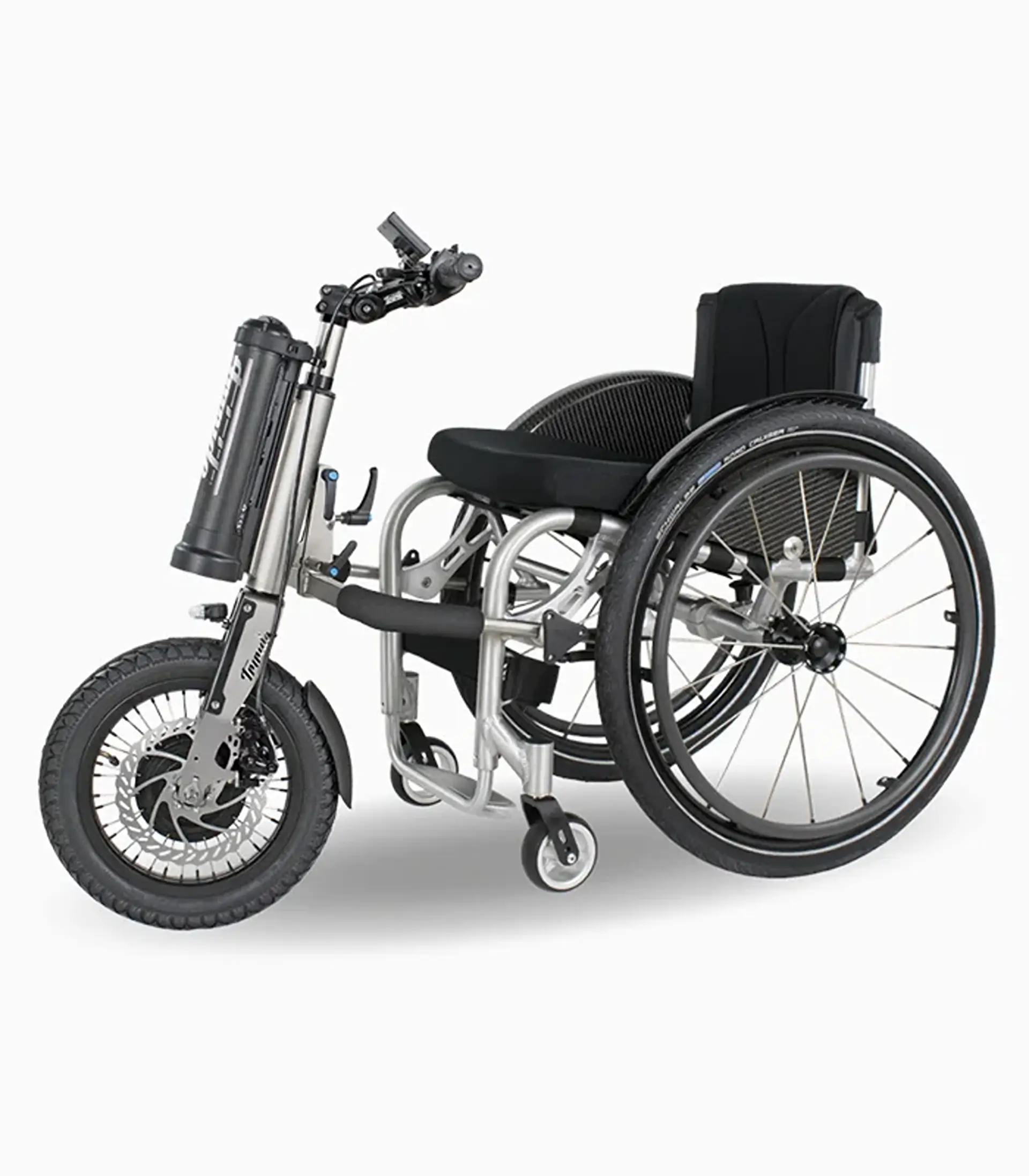 Triride Light handbike attachment connected to a manual wheelchair, side view.