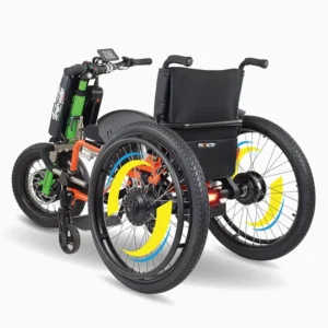 Triride MTW attachment connected to a wheelchair, side view.