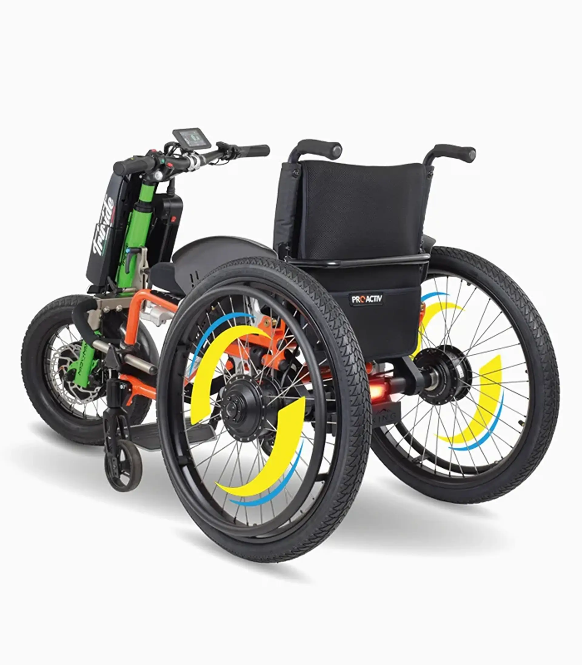 Triride MTW attachment connected to a wheelchair, side view.