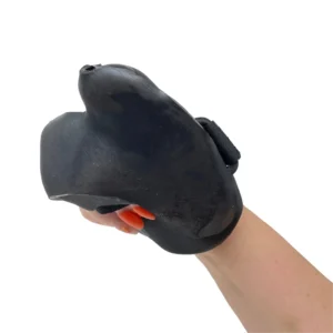 Person's forearm wearing a molded black grip glove with a Velcro wrist strap.