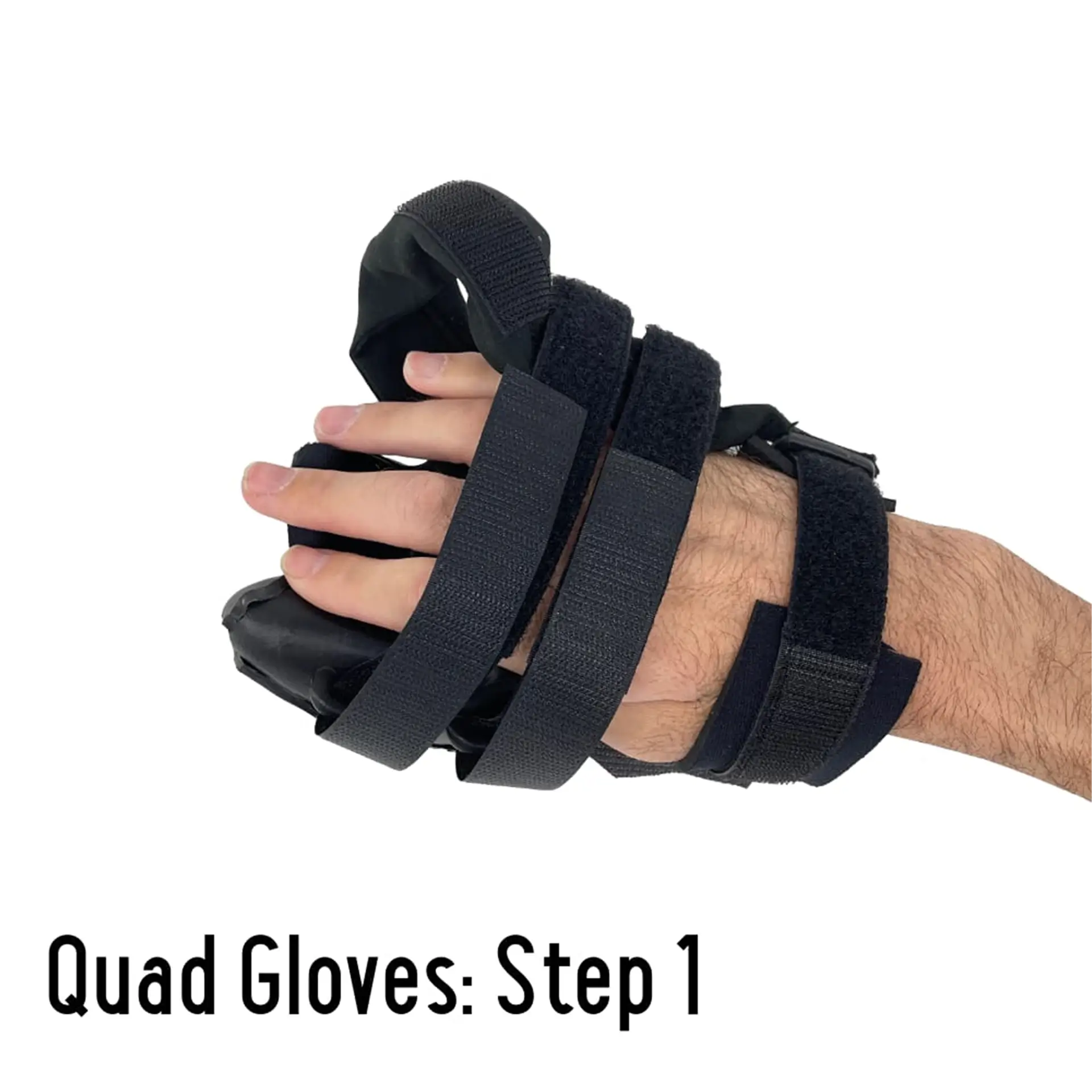 Hand secured into a Quad Glove using multiple Velcro straps, labeled Step 1.