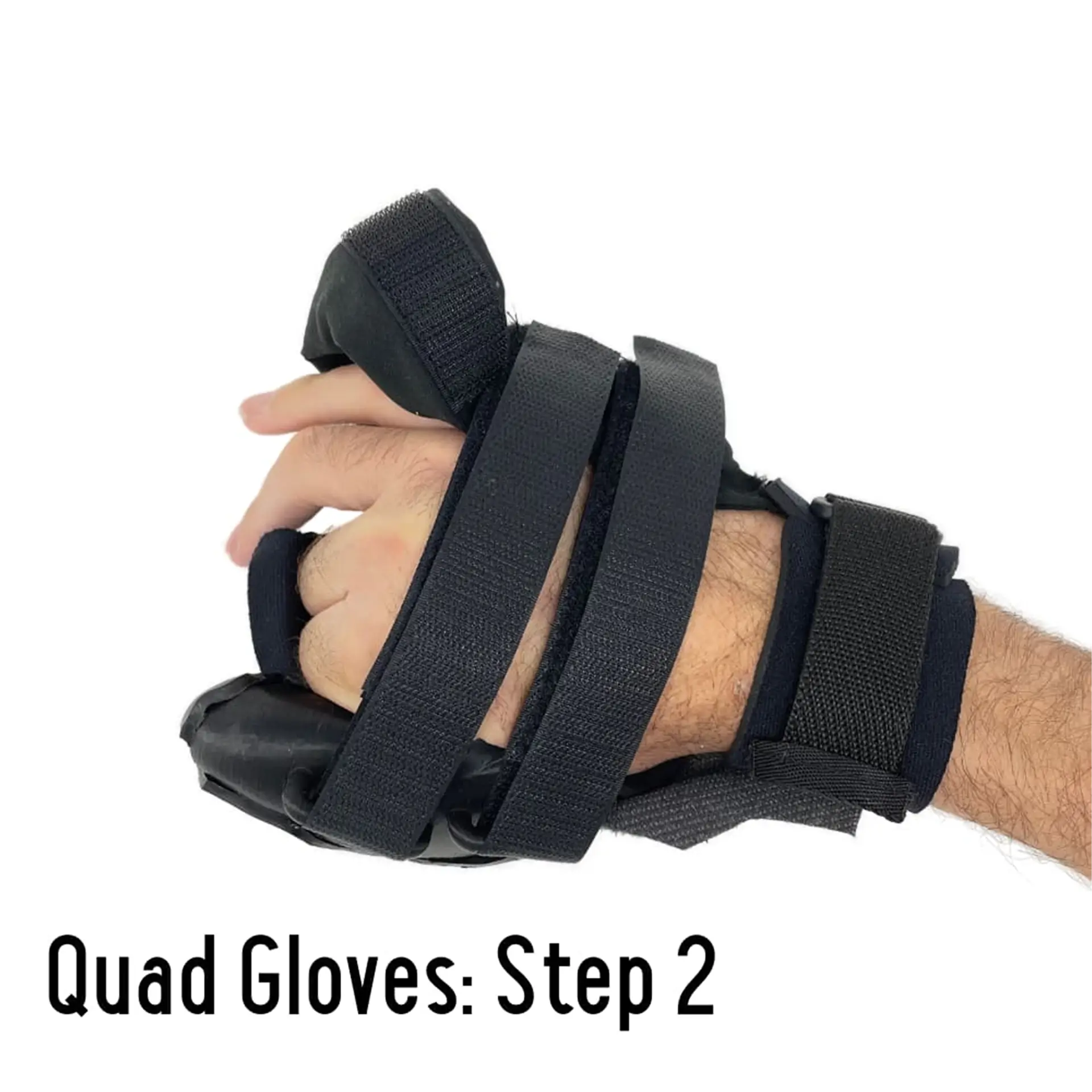 Hand further fastened into a Quad Glove with straps tightened, labeled Step 2.