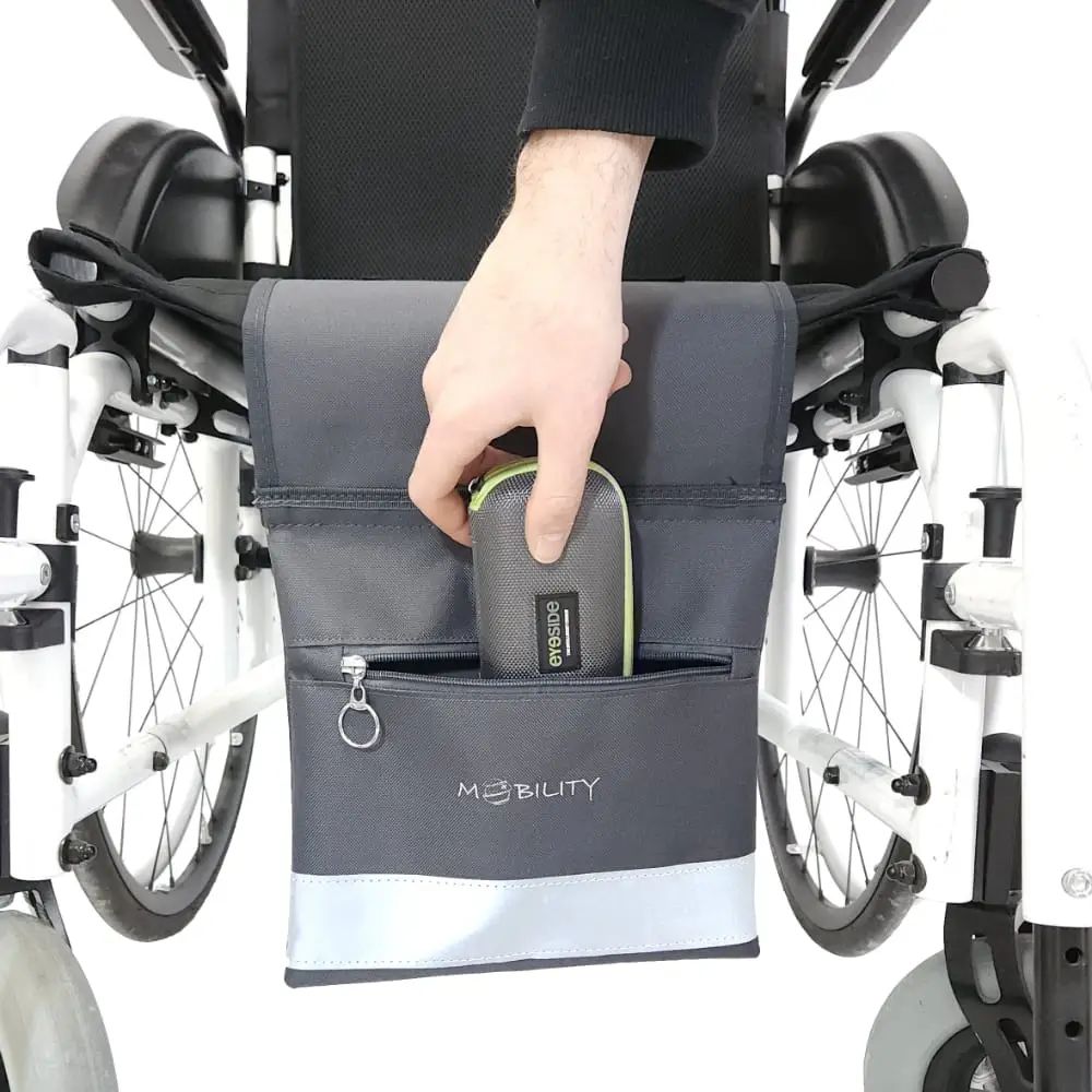 Adult Inserting Glasses Case inside The Wheelchair Under Seat Pocket