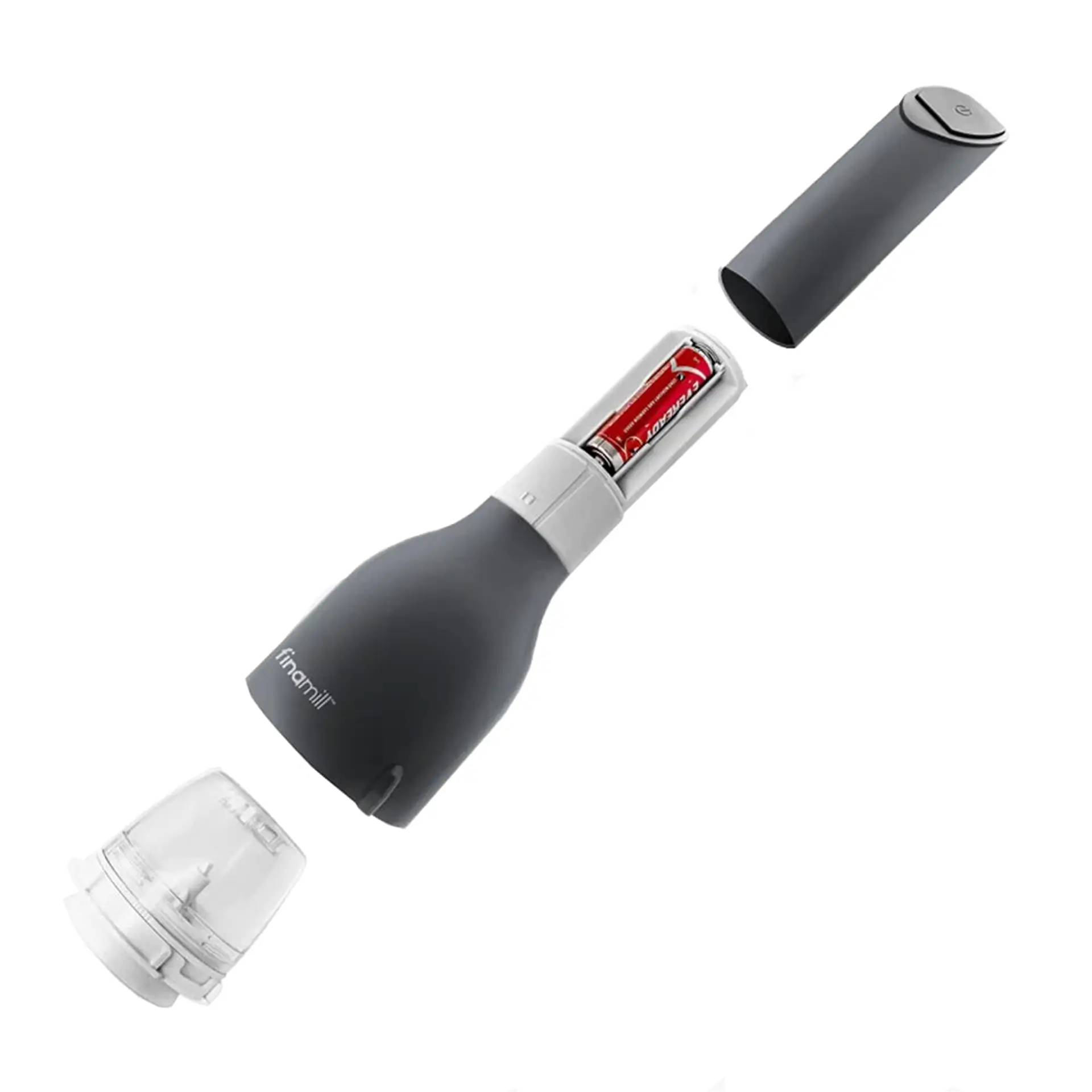 FinaMill grinder disassembled showing battery and pod components.