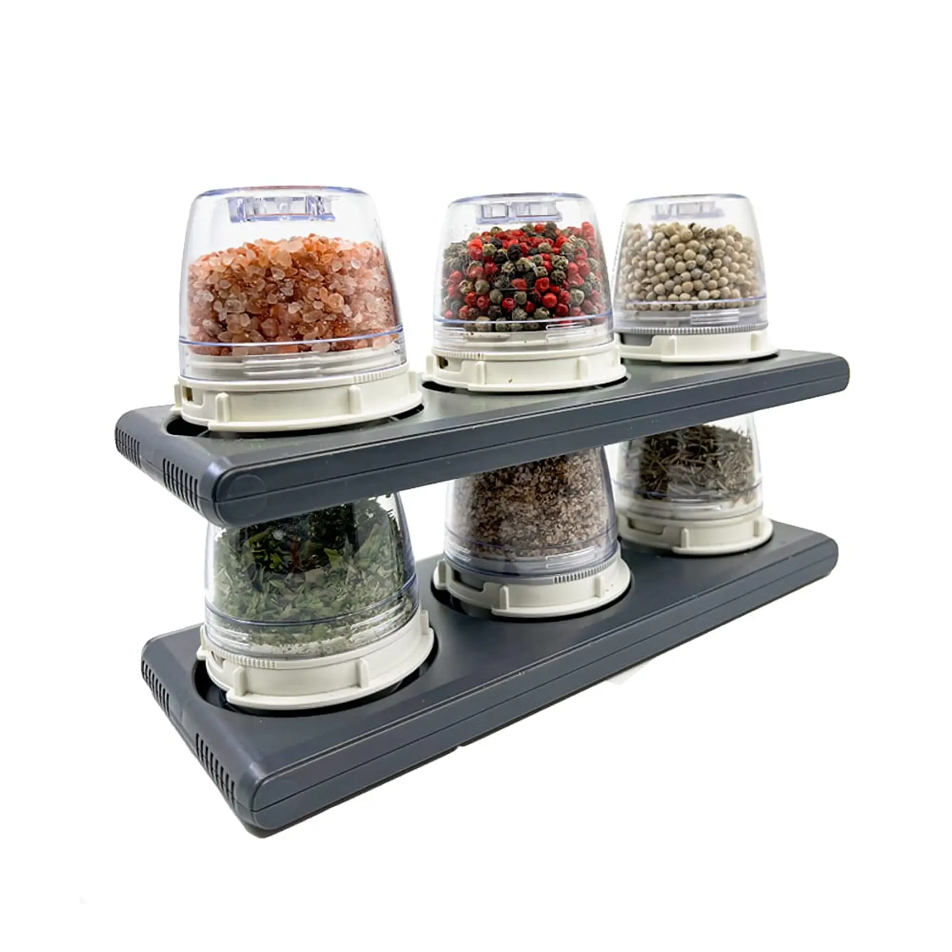 Six spice pods on a two-tier rack, filled with various seasonings.