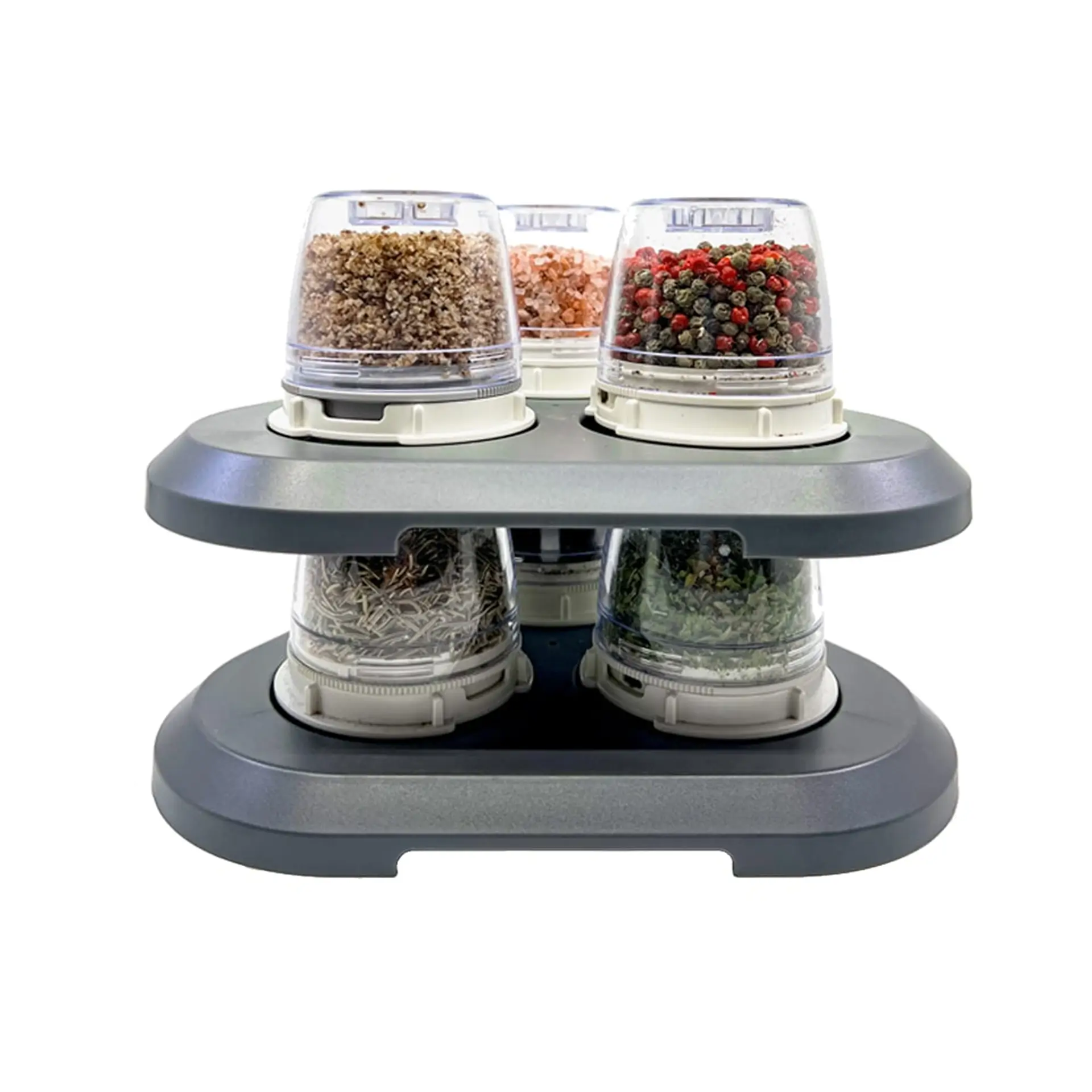 Five spice pods mounted on a two-tier rack stand.
