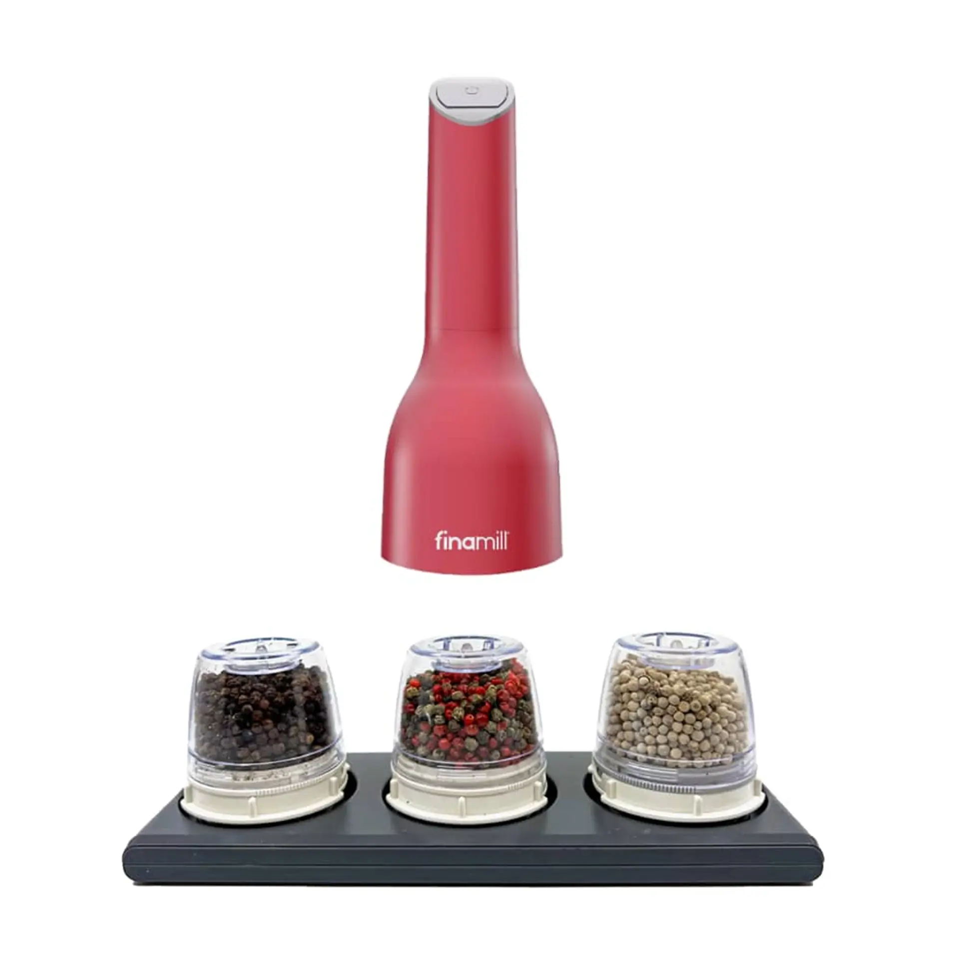 Red FinaMill grinder above three interchangeable pods on a stand.