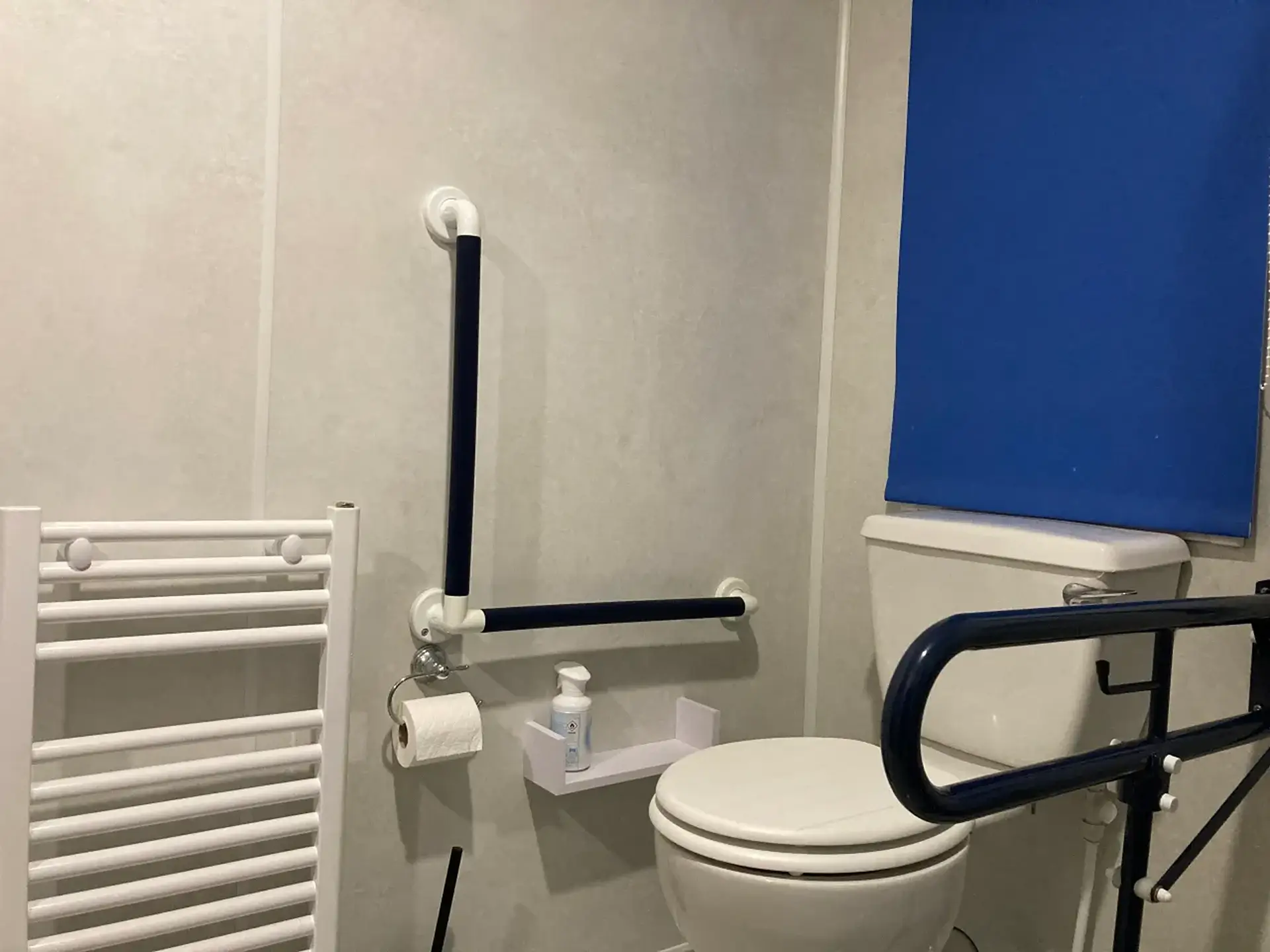 Bathroom with toilet, grab rails, and folding shower seat.