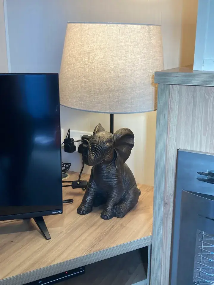 Elephant-shaped lamp on a wooden unit beside a TV.