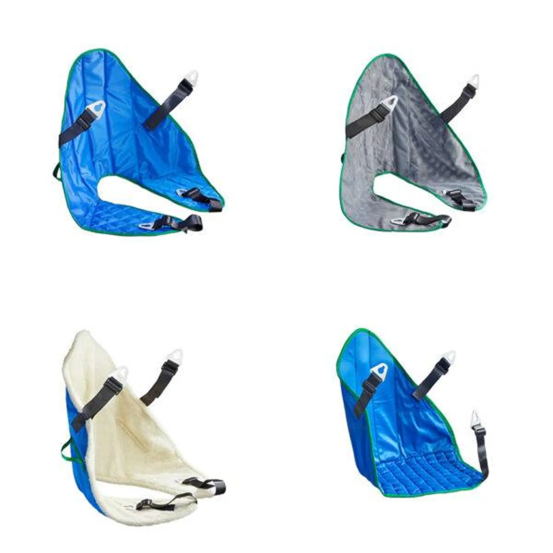 Four hoist sling seat covers in different colours and linings, white background.