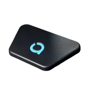 Product shot of the black swivel transfer plate with blue logo, white background.