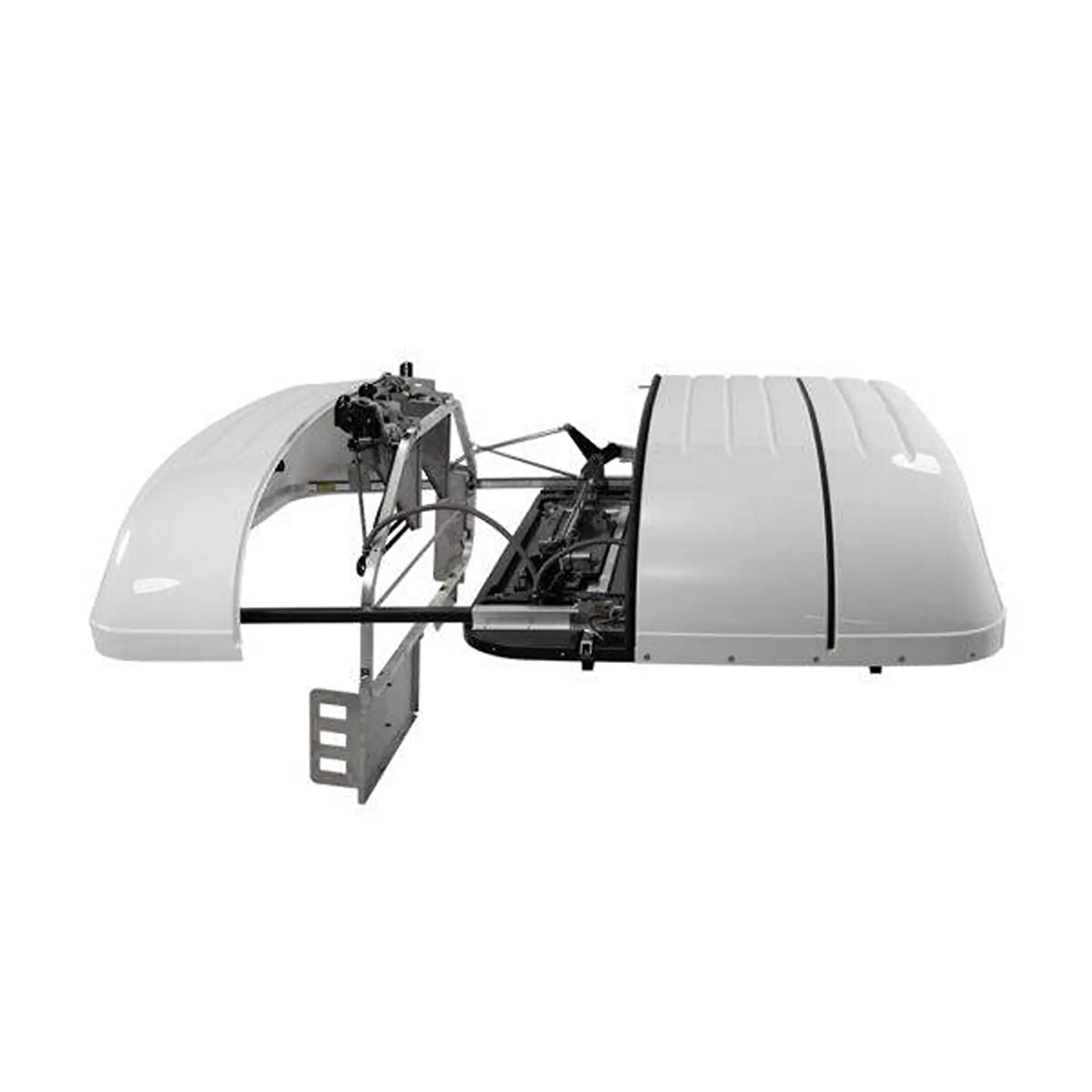 Underside view of topper mechanism showing lift arm and motor, white background.