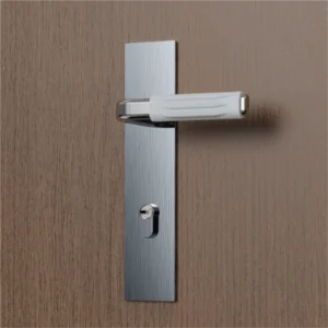 White door handle cover installed on a lever handle on a wood door.
