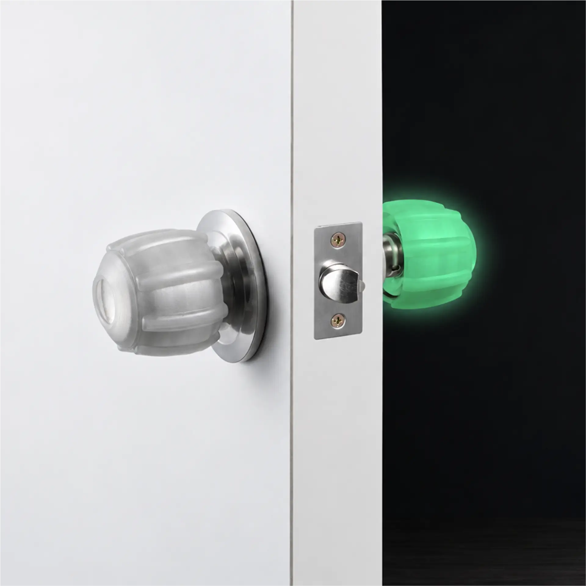 Door knob covers on both sides of a door, glowing in the dark.