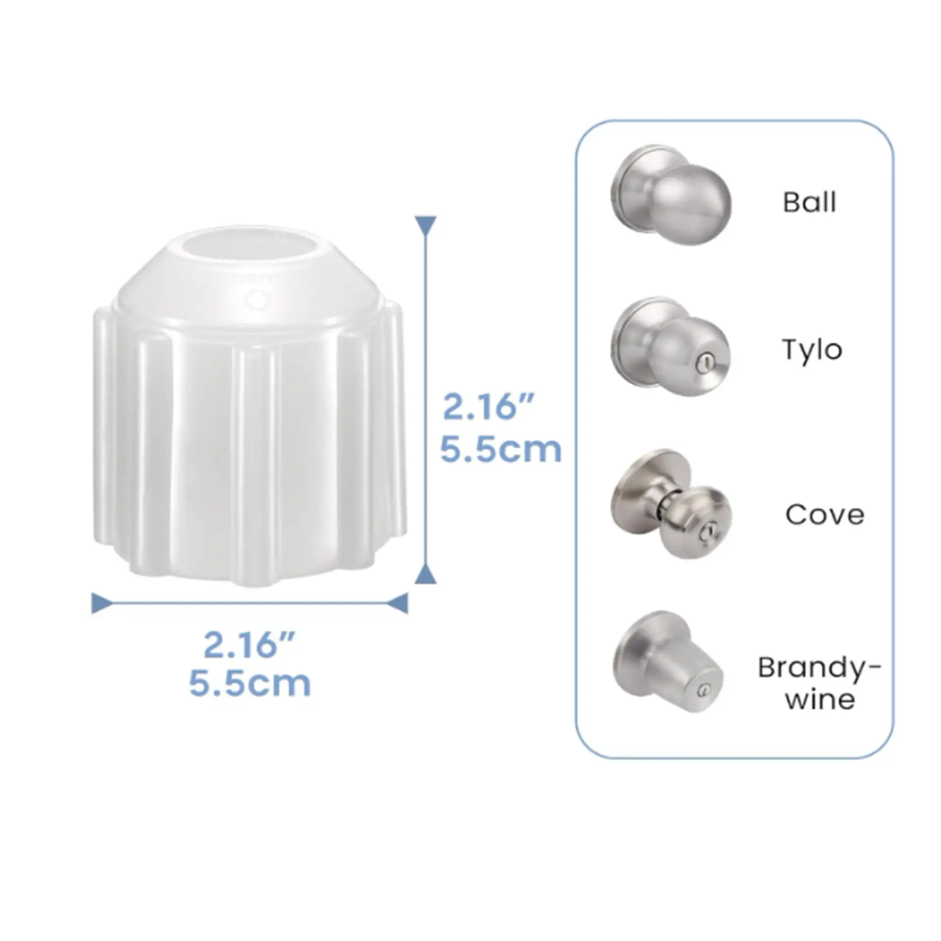 Door knob cover dimensions with compatible knob shapes shown.
