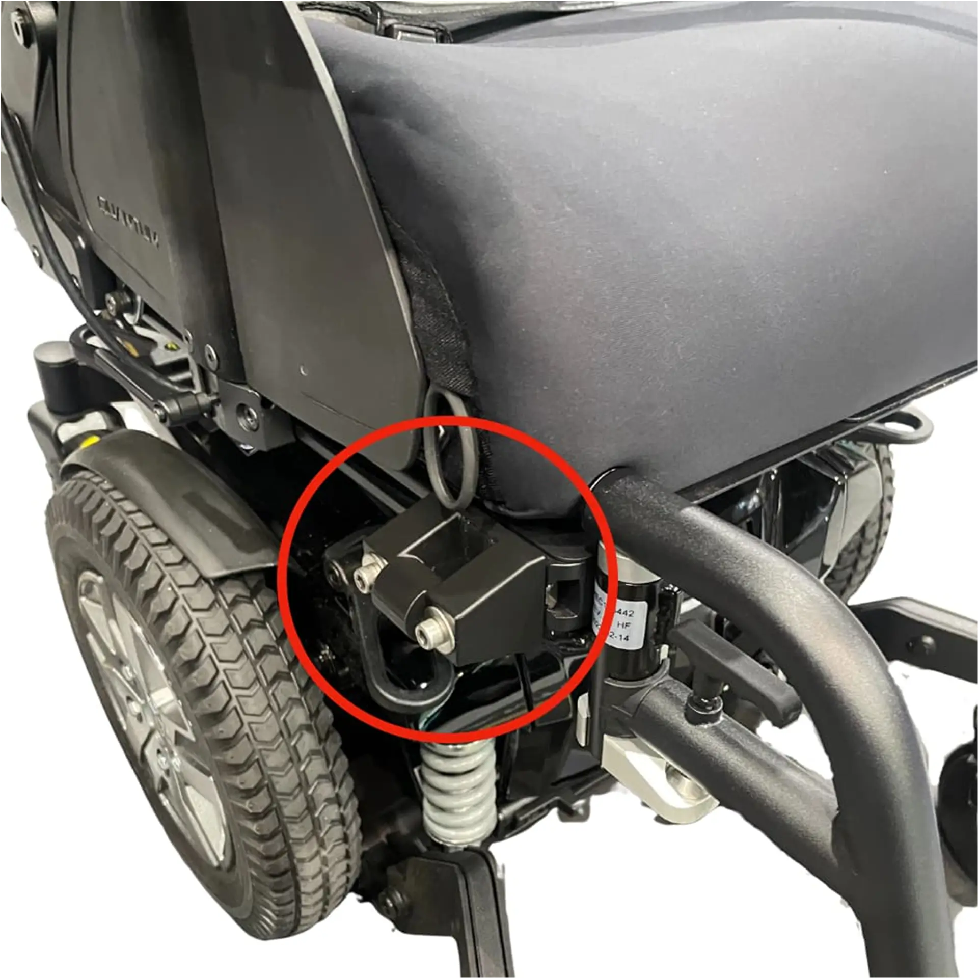 Wheelchair mount bracket highlighted in red circle.