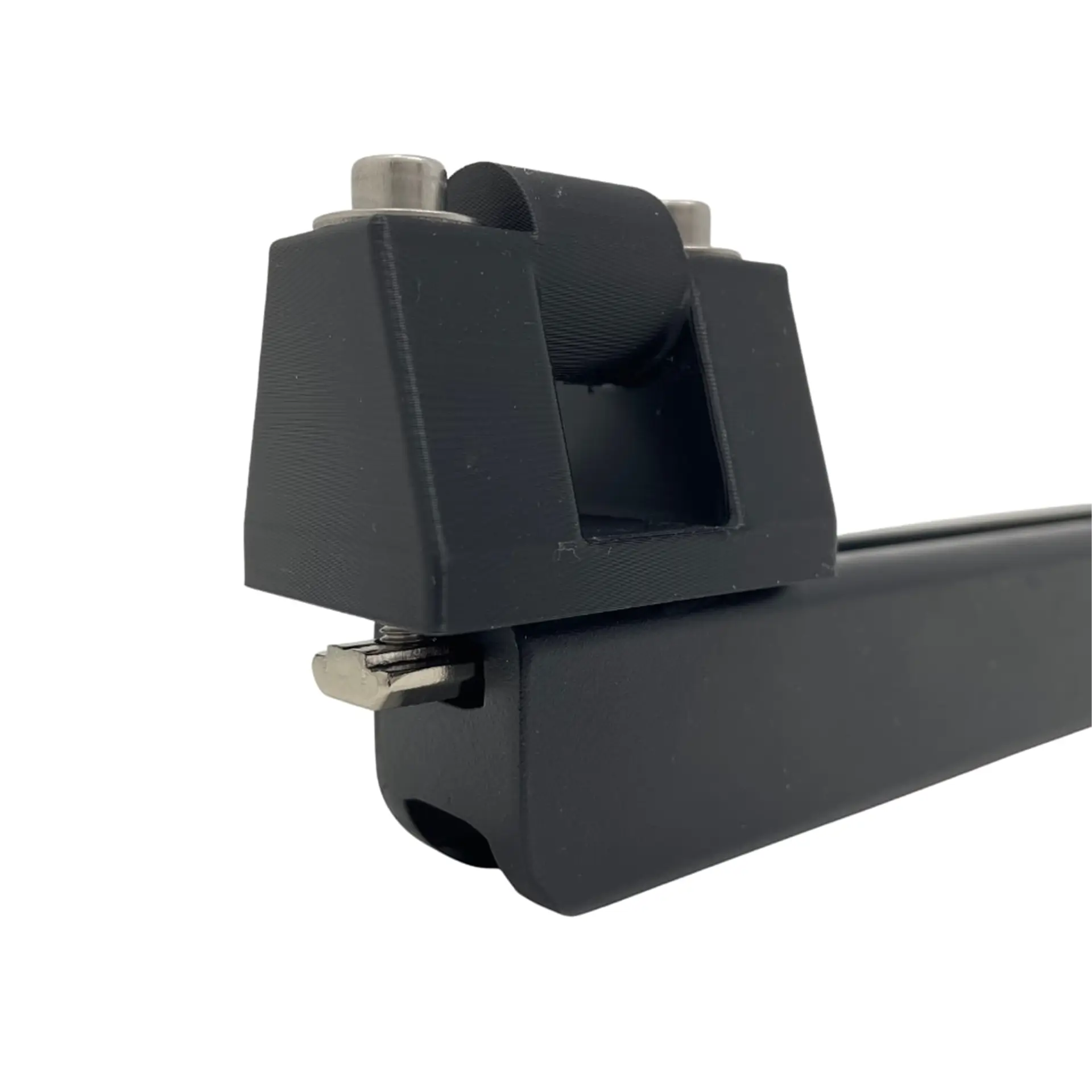 Bracket clamp with two bolts on a rail.