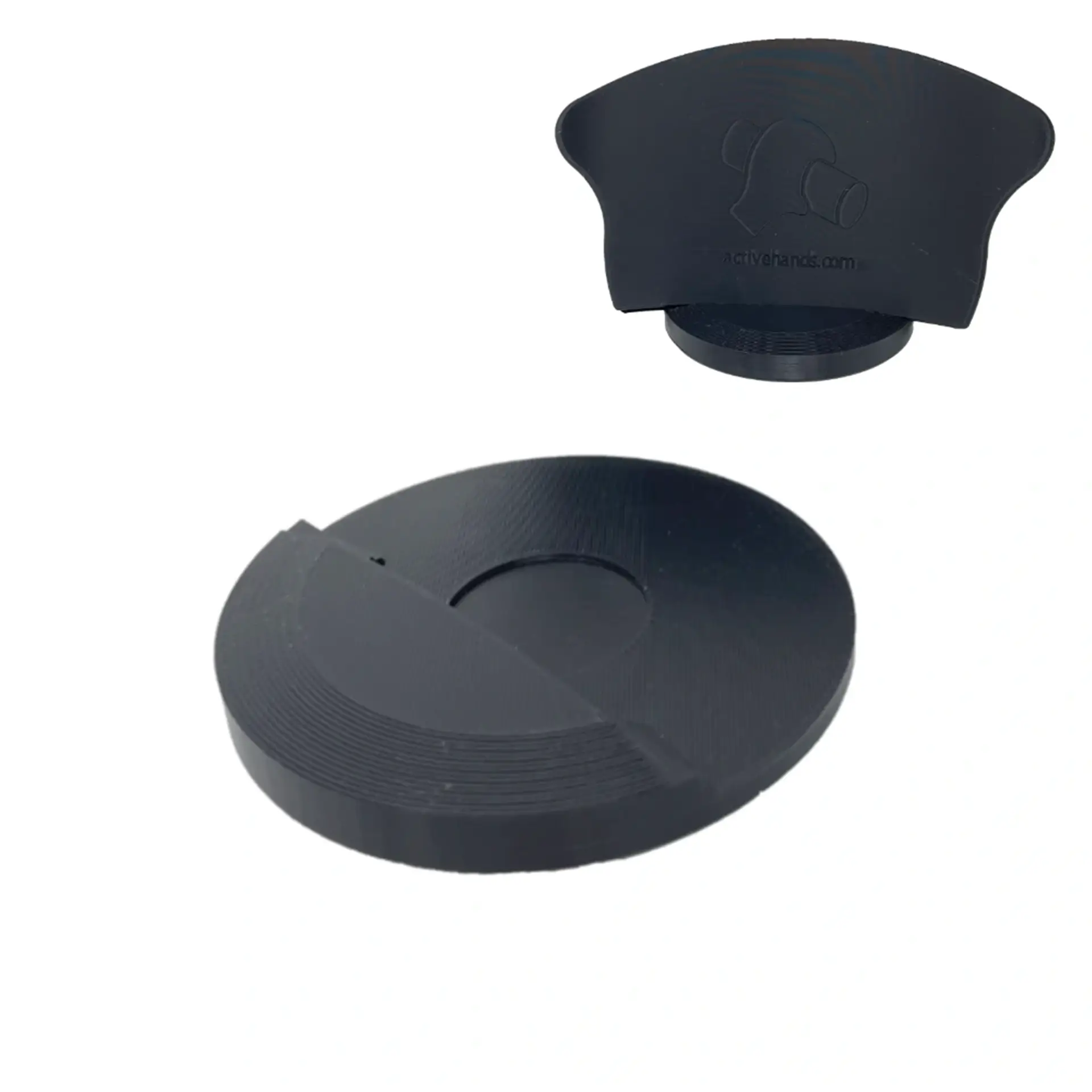 Two views of black card holder base.