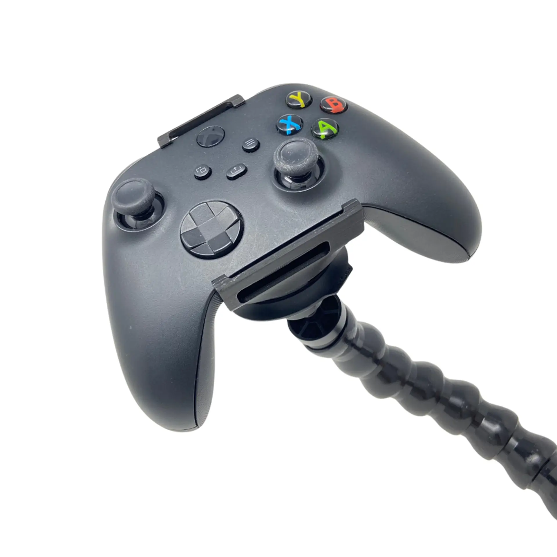 Xbox controller clipped to flexible mount arm.